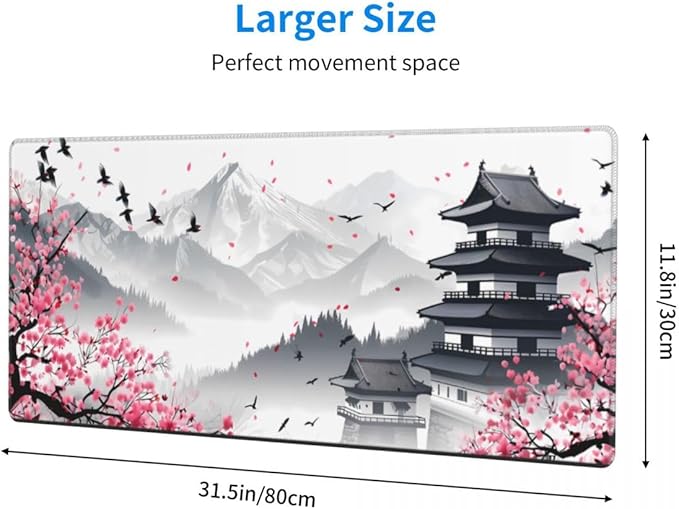 CANFLASHION Desk Pad,Office Desk Mat 31.5"×11.8"Large Gaming Mouse Pad,Durable Extended Computer Mouse Pad,Waterproof Thick Big Mouse Pads with Non-Slip Rubber Base Office Home Japanese Castle Cherry