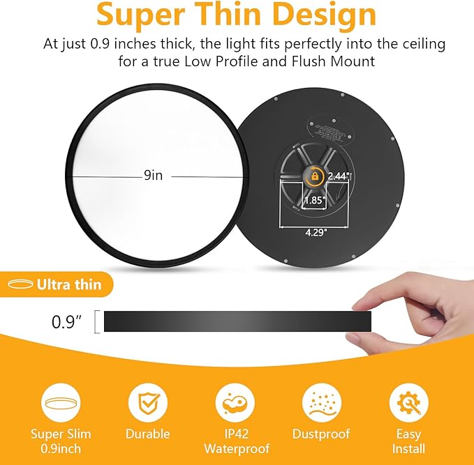 RLEDPZTX Led Flush Mount Ceiling Light,9 Inch 18w 1860lm,3000k/4000k/6000k 3CCT Selectable, Round Modern Flat Panel Super Slim Led Ceiling Light,for Living Dining Kitchen Bedroom Room (6Pack-Black)