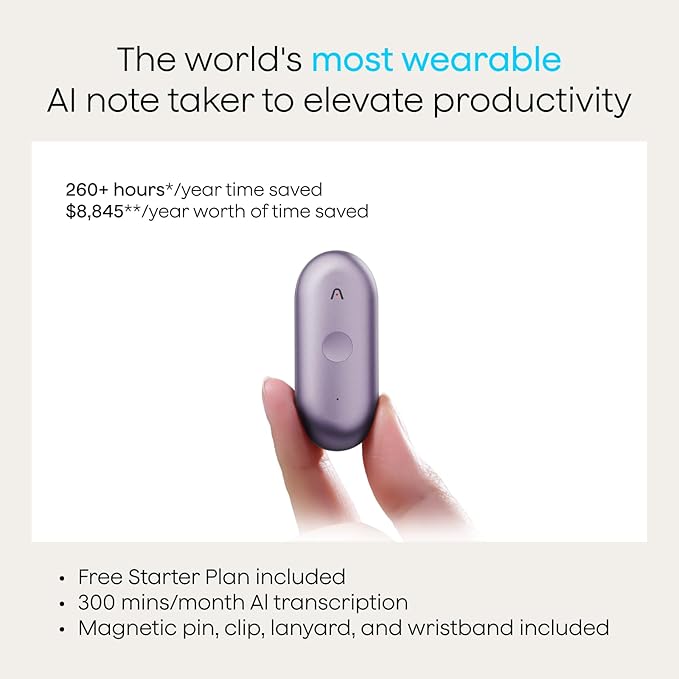 Plaud NotePin S AI Voice Recorder, Wearable AI Notetaker, AI Transcribe & Summarize, Support 112 Languages, 64GB Memory, Audio Recorder for Meetings Interviews with 4 Accessories, Purple