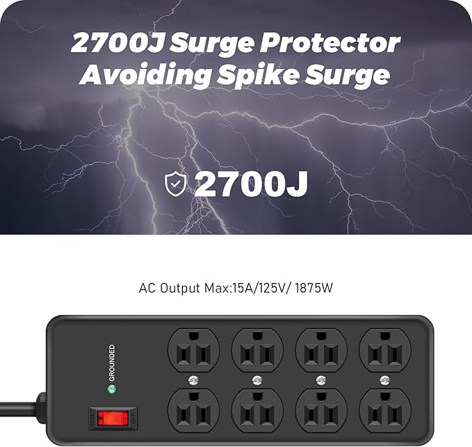 HEZI 8 Outlet Heavy Duty Power Strip, 15Amp Metal Mountable Surge Protector (2700J), Industrial Wall Mount Power Strip for Home, Office, Garage & Workshop, 6FT 14AWG Extension Cord