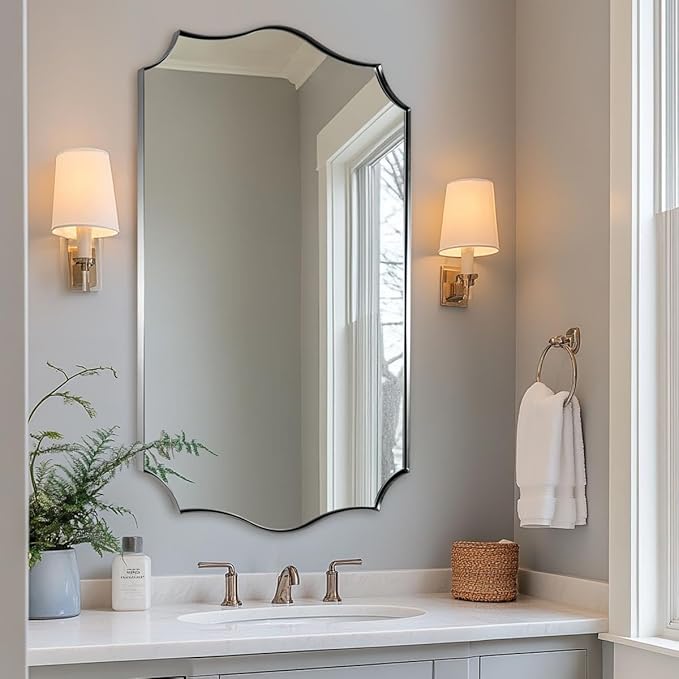 ANDY STAR 24x40 Inch Brushed Nickel Mirror, Unique Rectangle Bathroom Mirror, Large Decorative Mirror in Rust-Proof Stainless Steel 1" Frame, Modern Wavy Frame Design, Vertically/Horizontally