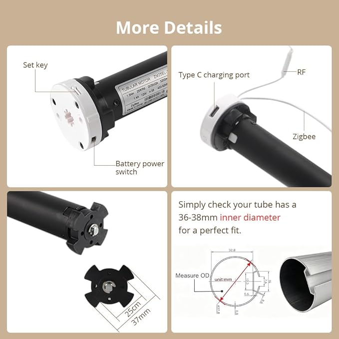Blindsmart Rechargeable Tuya Zigbee Roller Blinds Motor for 38mm Tube, Motorized Window Shades Automatic Blinds Curtain Opener APP Control, Zigbee Hub Required (with 1-Channel Remote + Solar Pannel)