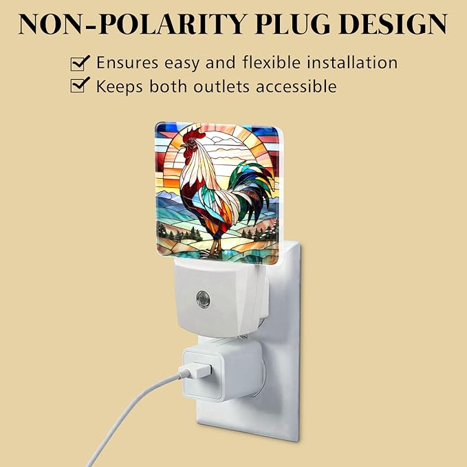 PODMemory Rooster Stained Glass Night Lights Plug into Wall for Room, Rooster Night Light LED for Bedroom