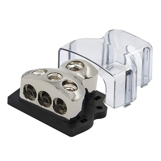 RKURCK 3 Way Power Distribution Block, 0/2/4 AWG Gauge in, 4/8/10 Gauge Out, Car Audio Stereo Amp Distribution Connecting Block for Audio Splitter (1x0GA+3x4GA)