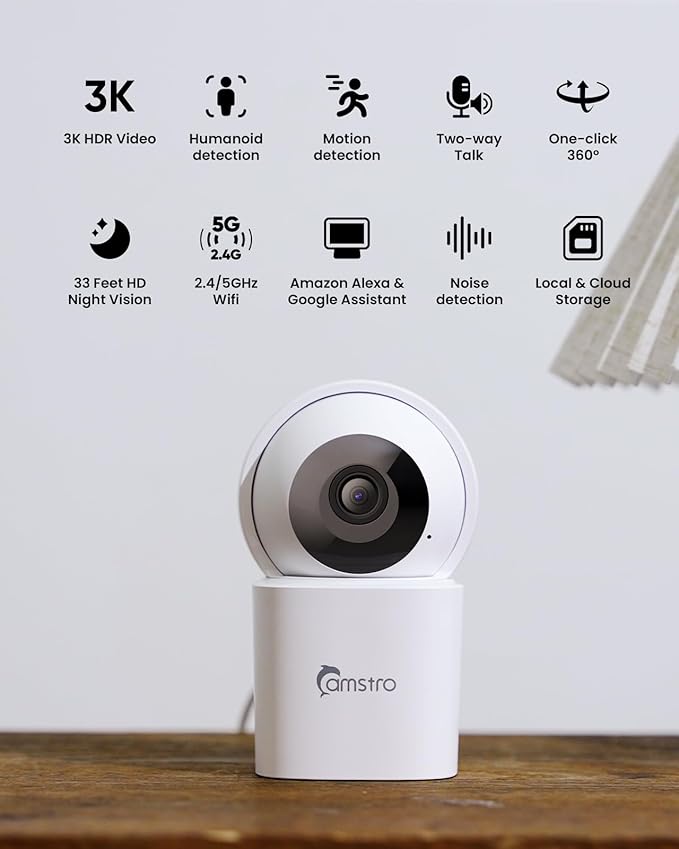CAMSTRO 3K Indoor Security Camera,360°PTZ Home Baby/Pet Monitor,Auto Tracking,5MP Night Vision,2.4/5GHz WiFi,Motion & Sound Detection,2-Way Audio,SD Card/Cloud Storage,Works with Alexa,No Monthly Fee