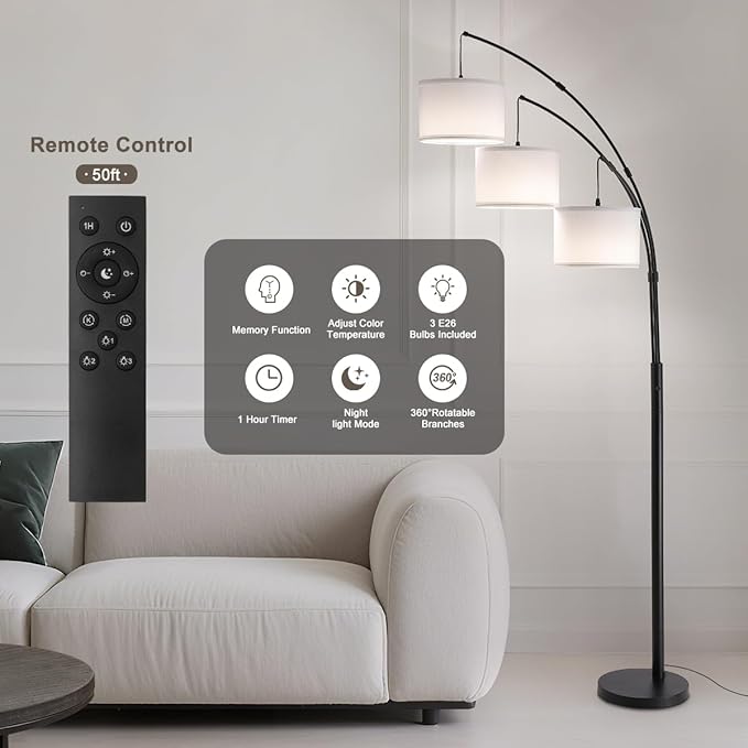 Fansdrick Floor lamp with Remote, 3 Light Arc Floor Lamps for Living Room, 2400LM Tall Standing Floor Lamps with White Shades, 80" Large Floor Lamp for Bedroom, Office