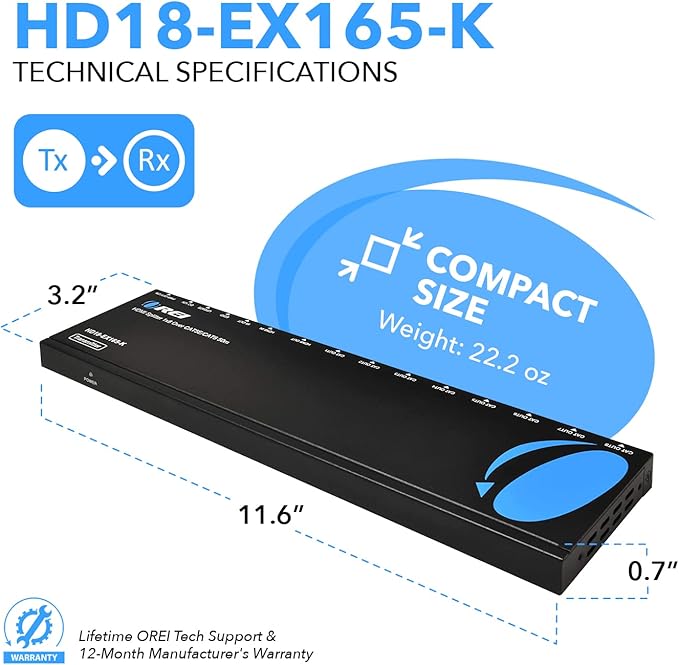 OREI 4K 1x8 HDMI Extender Splitter Multiple Over CAT 6/7 Cable with EDID management - 4K@30Hz upto 165ft and 1080p@60Hz upto 230ft- Loop Out