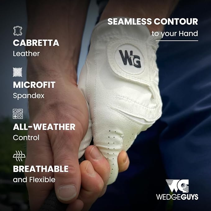 Wedge Guys Flex Premium Cabretta Leather Golf Gloves for Men w/Stretchy & Durable Microfit Spandex Back for Extra Comfort & Superior Grip in All Weather Conditions | Left Hand Mens Golf Gloves 3-Pack