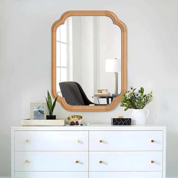 Natural Wood Framed Mirror,18X24 Inch Bathroom Mirror for Over Sink Modern Rounded Corner Rectangle Wall Mounted Mirror (Horizontal/Vertical)