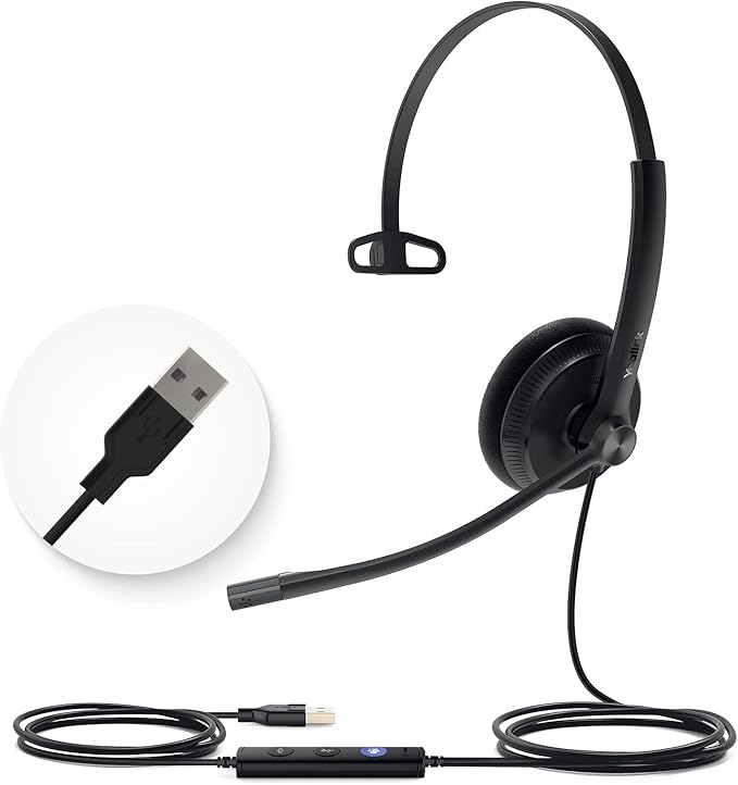 Yealink UH34 USB Headset with Mic, Single Ear Wired Headphones with Noise Cancelling Microphones, Professional Work Headphones VoIP Phone Computer Call Center Office,Ultra Light Mono