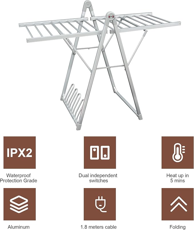 SHARNDY Electric Heating Clothes Drying Rack,Foldable Clothes Drying Rack,Suitable for Drying Clothes, Shoes and Socks.Plug & Play,Silvery Gray,Aluminum Alloy,One-Click Switch(39.37×52.56×25.98in)