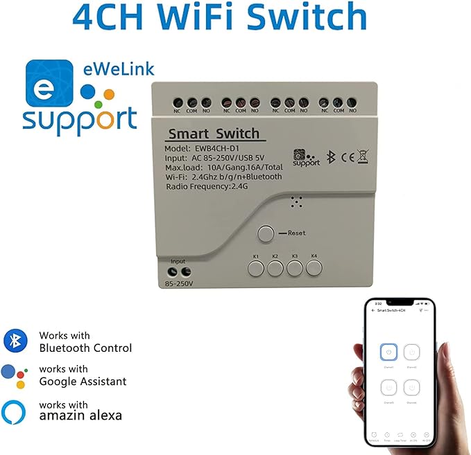 Newgoal 4 Channel Smart WiFi Relay Switching Module USB 5V/AC85V-250V, Supports Bluetooth Control, eWeLink App Remote Control, for Alexa Google Home