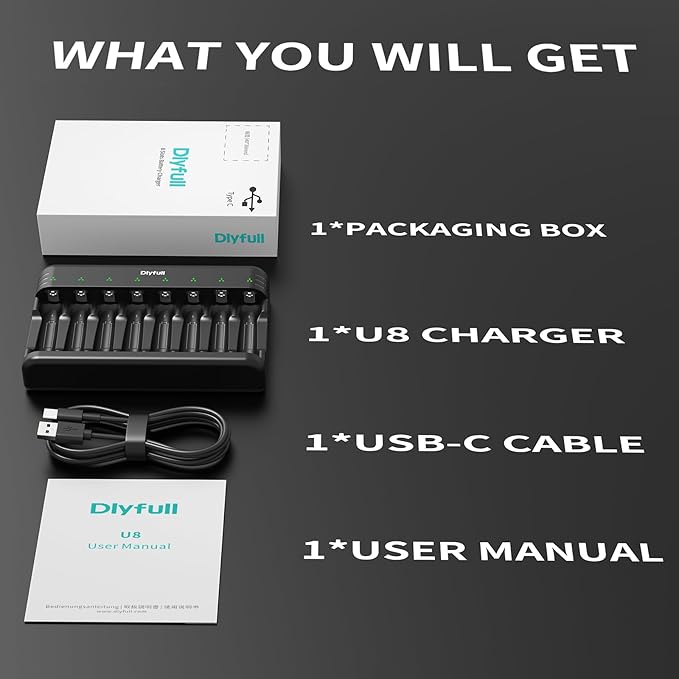 Dlyfull 8 Bay AA AAA Battery Charger with USB-C High-Speed Charging, Independent Slot for 1.2V Ni-MH Ni-CD Rechargeable Batteries, Cable Included