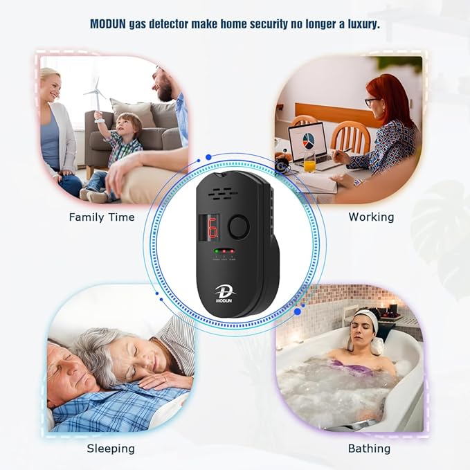 D MODUN Gas Detector, Natural Gas/LPG/City Coal Gas Leak Detector, Plug-in Sensor Gas Monitor with Sound Alarm and LED Display, Methane Propane Butane Combustible Gas Alarm for Kitchen RV Garage-Black