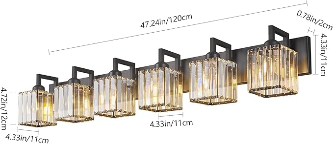 FDPBY Black Bathroom Light Fixture, 6-Light Crystal Vanity Lighting, Bathroom Lighting Fixtures Over Mirror, Modern Crystal Wall Lamp