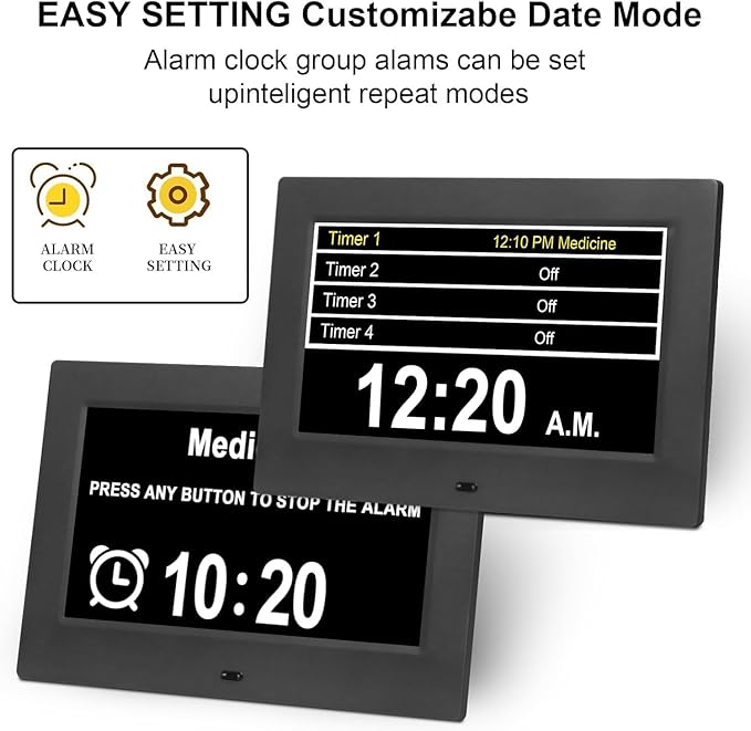 Irednolw 7inch Large Impaired Vision Digital Alarm Clock with Day and Time, Digital Day Clock for Seniors with Auto Dimming / 8 Alarms Clock
