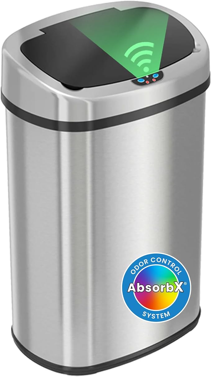 iTouchless 13 Gallon Sensor Kitchen Trash Can with Lid and Odor Filter, Stainless Steel Oval Automatic Trashcan for Home Office Bedroom Living Room Garage Large Capacity Slim Space-Saving Trash Bin