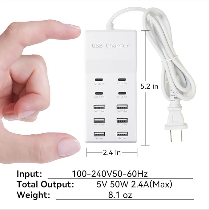 USB Charging Station with 6 USB-A & 4 USB-C Ports, 50W 10A USB Charging Block for Smart Phone, Tablet, Laptop, Multiple Devices - USB Power Strip with Auto-Detect Technology (2 PCS)