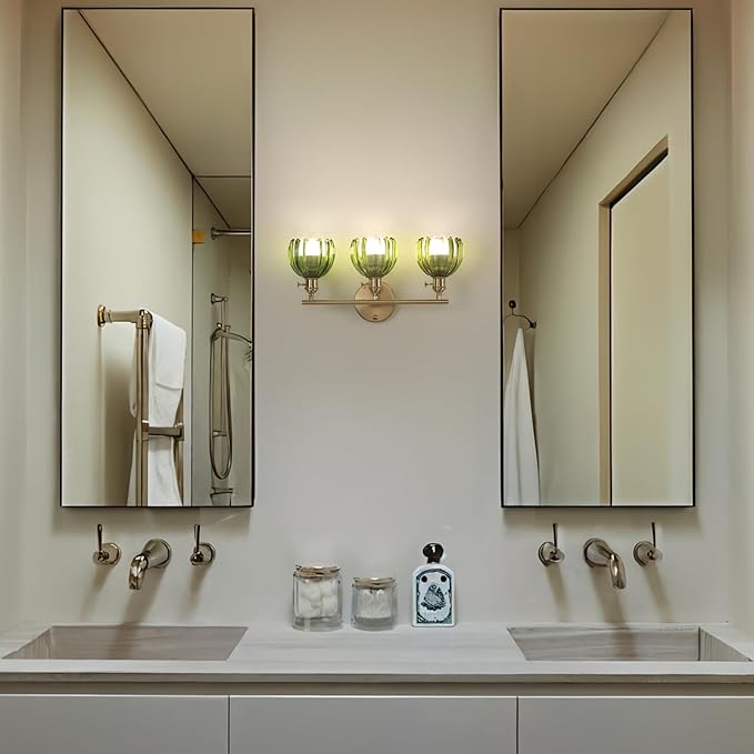 Shenmoyl Battery Operated Bathroom Light Fixtures, 3-Light Brass Vanity Wall Light with 5000mAh Rechargeable Bulb Over Mirror with Green Tulip Glass Shade for Bedroom Living Room