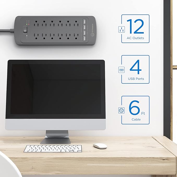 Witeem Surge Protector Power Strip - 12 Outlets, 4 USB 3.4A Ports, 6Ft Extension Cord, 1875W/15A, 4360Joules, Wall Mountable, Overload Protection - Ideal for Home & Office Use (Black-3.4A)