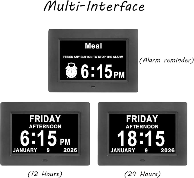 Jaihonda Dementia Clocks for Seniors,7 Inch Clock with Day and Date for Elderly,12 Alarms Option,Auto Dimmable,Large Display Digital Clock with Large Number