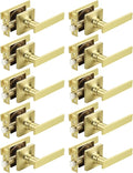 Mengico 10 Pack Passage Door Levers Gold Finish, No-Locking Keyless Square Door Knob, Interior Door Handles for Closet and Hallway, Reversible for Left & Right Handed