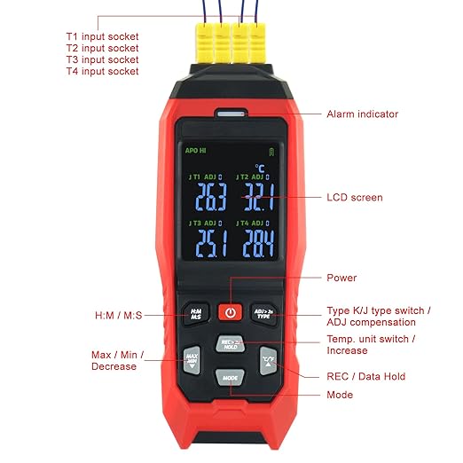 Thermocouple Thermometer Data Logger 4 Channels Digital K Type Thermometer with 5000 Groups Programmable Temperature Recording -328~2501℉ Measuring Range, Audible & Visible Alarm ADJ Compensation