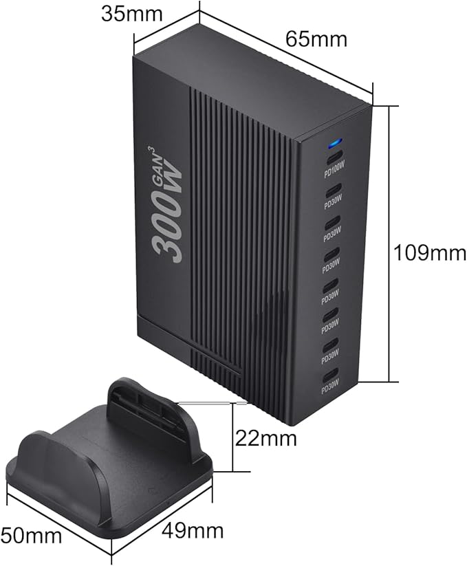 OHLOPL 300W 8-Port GaN PD3.1 Desktop Charging Station | Intelligent Power Allocation, Ideal for Office and Home, Safely Charges Laptops, Phones, Tablets, and Watches