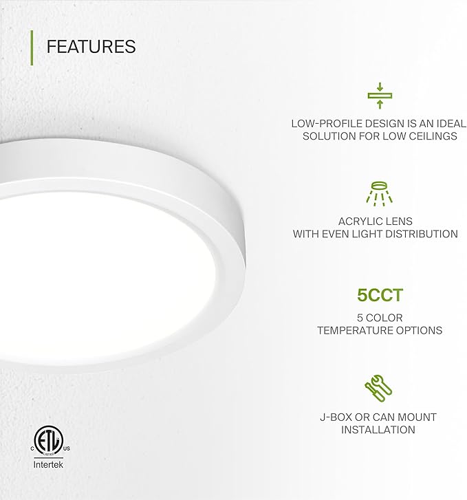 ASD LED 5" Round Flush Mount Ceiling Light Fixture, Low Profile Surface Lighting | 5CCT, Dimmable, Ultra-Thin, ETL Listed | 10W 700LM 2700-6000K 120V | Kitchen, Bedroom, Hallway Lamp | White