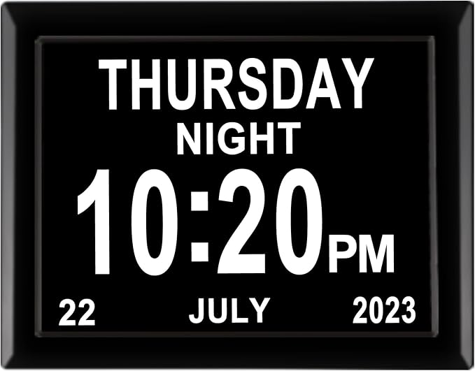 LaMi Products 7.85 Inch Dementia Clock for Seniors - Extra Large Display Digital Wall Clock with Day & Date, 12 Custom Alarms - High Contrast for Low Vision, Memory Care (Black)