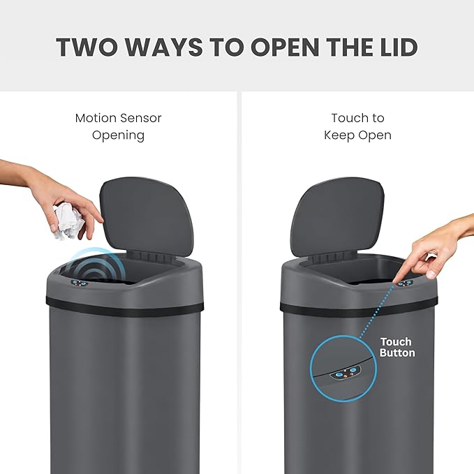 iTouchless 13 Gallon Oval Sensor Trash Can with Odor Filter, Automatic Motion Sensor Kitchen Bin, Slim Curved Soft-Close Gunmetal Gray, Dark Metallic Finish for Office & Garage