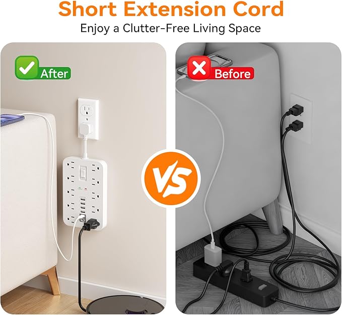 Short Extension Cord with USB and USBC Ports, Flat Outlet Extender with 10 AC Outlet 6 USB, 1 Switch & 2 LED Indicator, USB Wall Power Strip for Multiple Devices, for Home, Office, Dorm Essentials