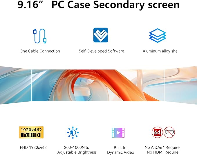 9.16" Computer Temp Monitor, FHD 1920x462 PC Sensor Panel One-Cable Connection(No HDMI Needed), Stretched Bar LCD Dynamic Theme Supported, IPS Mini Secondary Screen for CPU RAM HDD Data Aida64 (Black)