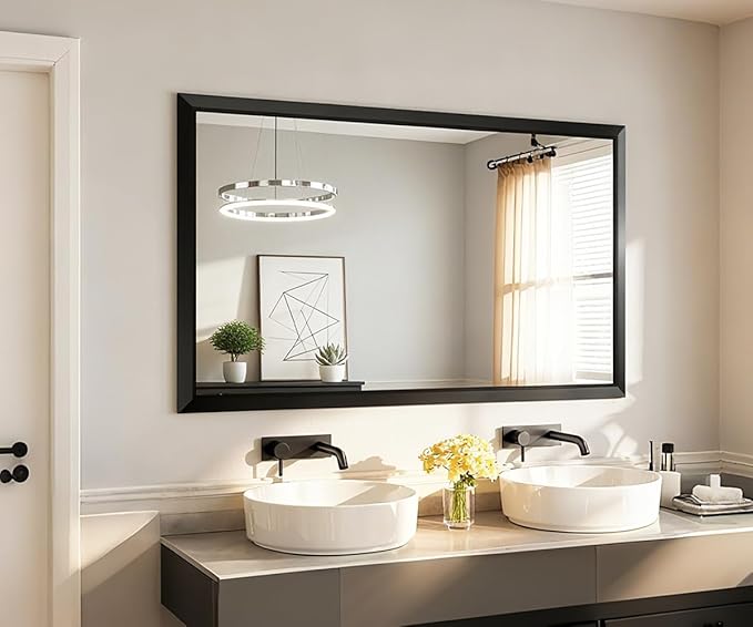 SMIROR Matte Black Bathroom Mirror for Over Sink 60x 40 inch, Metal Thick Frame Rectangle Vanity Mirror for Wall, Anti-Rust, Horizontally or Vertically Mounted