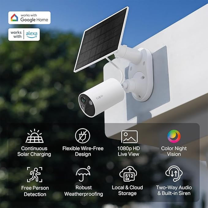 Tapo TP-Link SolarCam C402 Kit, Outdoor Battery Camera w/Solar Panel Base, Wireless, 1080P, Free Person Detection, SD/Cloud Storage, Color Night Vision, No Hub Needed, Works w/Alexa