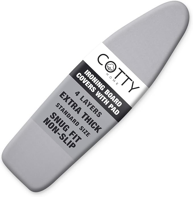 COTTY HOME Extra Thick Ironing Board Covers with Pad Standard Size 15x54, Heat Reflective Full Scorch Resistant Padding, Snug Fit Non-Slip Nose Pocket Fastener Straps Elastic Edges, Gray