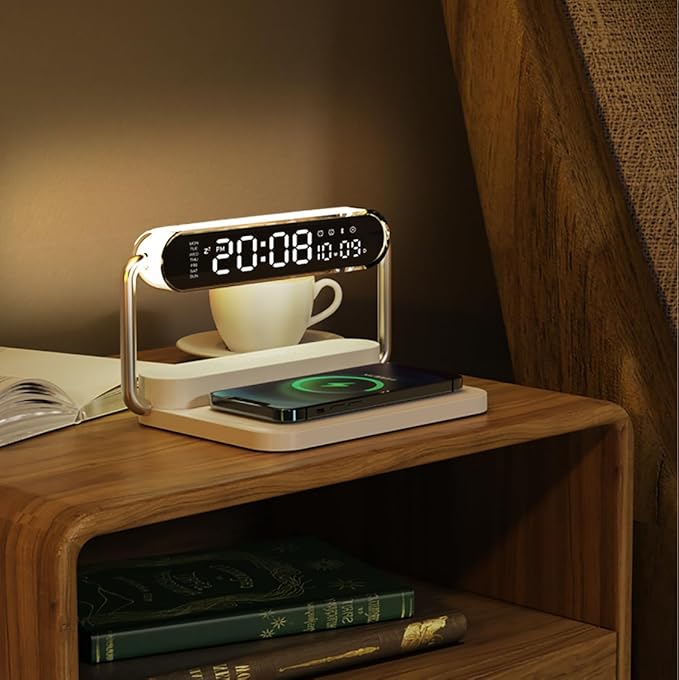 4-in-1 Multifunction Mobile Wireless Charger with Colorful Night Lights, Bluetooth Speaker, Digital Clock Alarm
