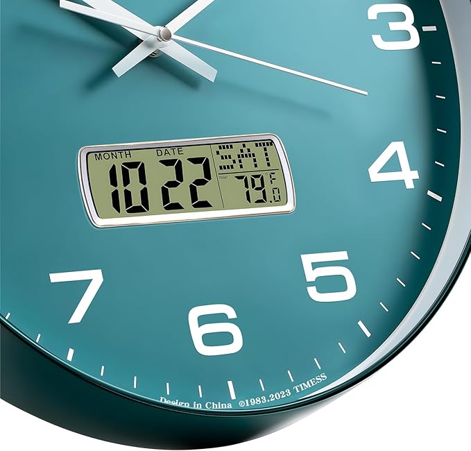 TIMESS Wall Clock, 10" Dial Non-Ticking Silent Battery Operated Analog with LCD Display for Perpetual Calendar and F° Temperature, Ideal Modern Home, Office Decor (Green)