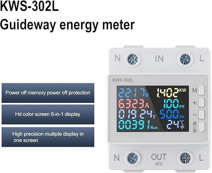 LCD Digital Energy Meter, Single Phase Energy Meter, Din Rail Electricity Usage Monitor, Power Usage Monitor AC170V~270V Power Voltage Meter(KWS-302L)