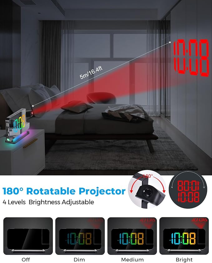 SZELAM Projection Alarm Clock, 7.4 in Digital Mirror Clocks,with 180° Rotatable Projector, RGB Night Light,USB C Charger Port, Auto Dimmer, LED Desk Clock for Bedroom - Black