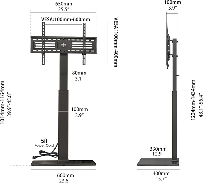 FITUEYES Floor TV Stand for 32-75 inch TV with Power Outlet, Tall TV Stand for Bedroom Living Room with Tempered Glass Base, Floor TV Mount Holds Up to 88lbs MAX VESA 600x400mm,Black