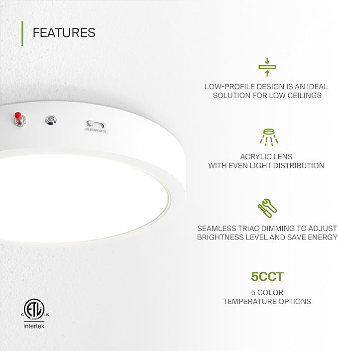 ASD LED 12" Round Flush Mount Ceiling Light Fixture, Low Profile Surface Lighting | 5CCT, Dimmable, Battery Backup, ETL Listed | 24W 2100LM 2700-6000K 120V | Kitchen, Hallway Lamp | White, 12 Pack