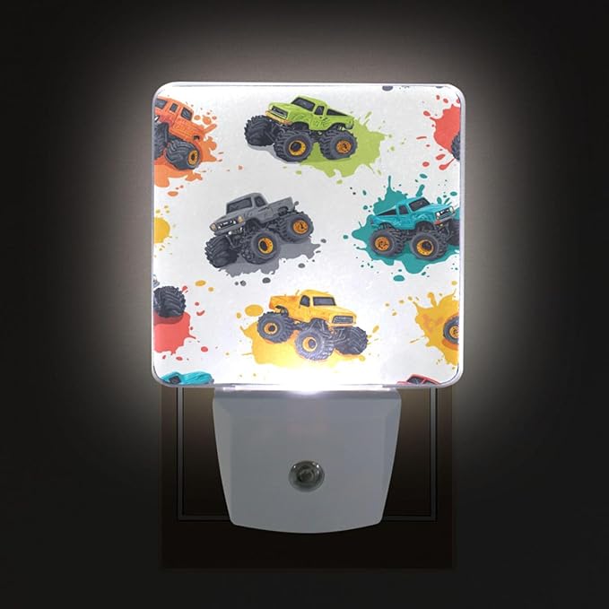 Pigsaly Led Night Light Fiery Paint Splashes Colorful Monster Trucks Night Light Plug in Wall Lamp Smart Dusk to Dawn Sensor Nightlight Led Lamp Energy Saving Lights Gift for Kids Room Bedroom Bathro