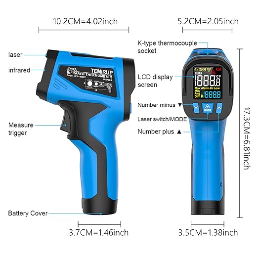 TEMIRUP Infrared Thermometer Temperature Gun -40℉ to 2462℉, 30:1 High Temp Laser Thermometer/K-Type Probe 14°F~932°F, Digital IR Pyrometer Temp Gun for Cooking, Engine, Kiln, Forging, HVAC&Industrial