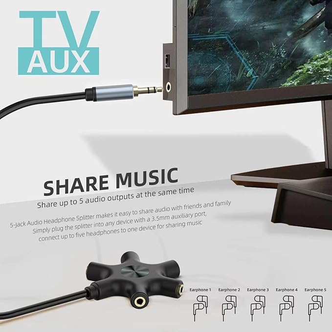 sovunis Multi Headphone Audio Splitter, 5-Way 3.5mm Jack Stereo Headset Adapter to Connect Up to 5 Devices for Mixing, Shared Experiences - for iPhone, iPad & More