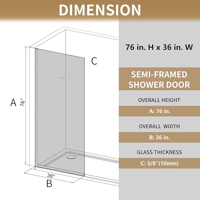 36"x76" Fixed Glass Shower Door, Single Mirror Privacy 3/8"(10mm) Thick Tempered Glass, Frameless Shower Glass Panel, Shower Screen Half Wall for Walk in Shower, Bright Chrome