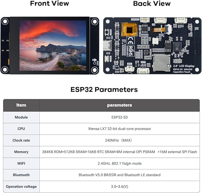 Hosyond ESP32-S3 Touchscreen Module, 2.8" 240x320 IPS LCD EPS32 Display with WiFi Bluetooth Capacitive Touch Screen for Arduino IoT Projects
