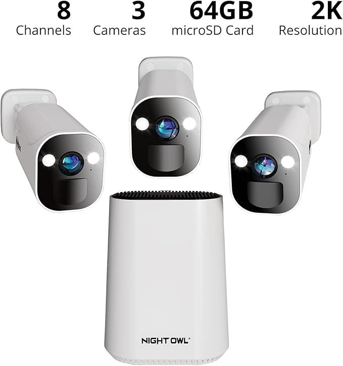 Night Owl 8 Channel Wi-Fi Video Home Security Hub with (3) Battery-Powered Wi-Fi 2K HD Indoor/Outdoor Spotlight Cameras with 2-Way Audio and 64GB microSD Card (Expandable up to 8 Cameras)