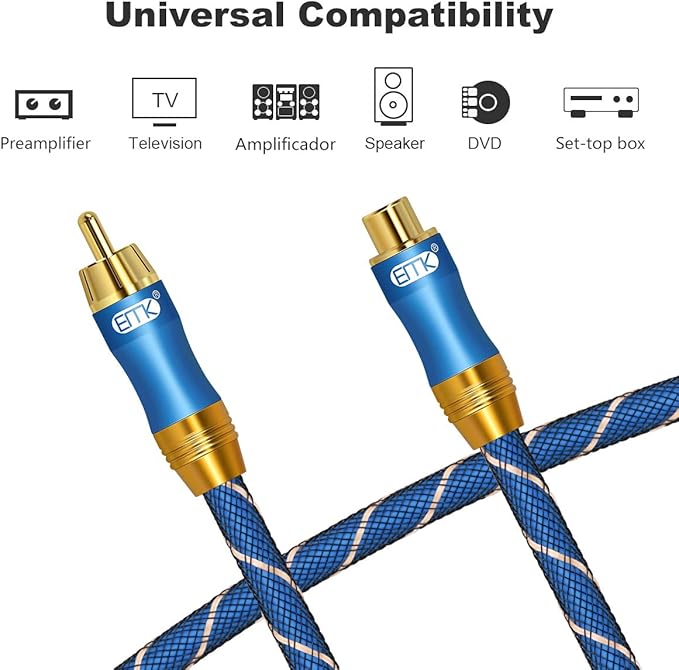 Coaxial Extension Cable(6.6ft/2m) EMK Coaxial Male to Female Cable Gold Plated Copper Shell Heavy Duty Digital Coaxial Audio Cable Subwoofer Cable for Home Theater, HDTV, Amplifiers, Hi-Fi Systems