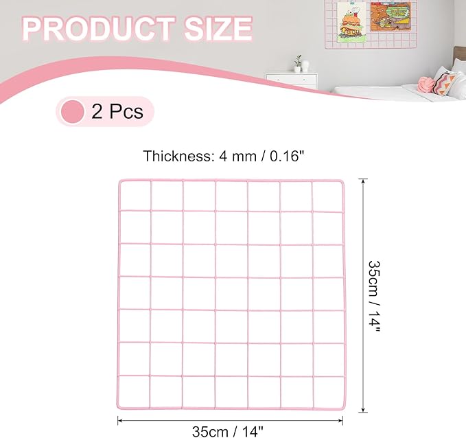 PATIKIL 14"x14" Wire Grid Panel, 2 Pack Board Photo Pictures Memo Display Grid Panels Hanging Organizer Wall Decorative Panel for Home Office Wedding, Pink